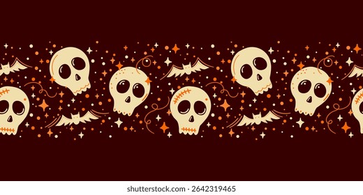 Horizontal seamless border pattern for Halloween festival with cute illustrated skulls, bats, and stars on a dark background. Artistically made in vector design for playful festive decoration.