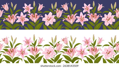 Horizontal seamless border with pattern of pink lily flowers, leaves and buds isolated on a white, pink or blue background. Cute floral botanical decoration. Vector illustration