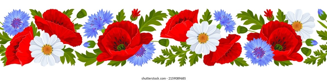 Horizontal seamless border with pattern of red poppy flowers, blue cornflowers, white daisies, leaves and poppy seed pods on a white background. Vector illustration