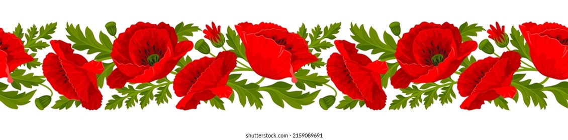 Horizontal seamless border with pattern of red poppy flowers, leaves and poppy seed pods on a white background. Vector illustration