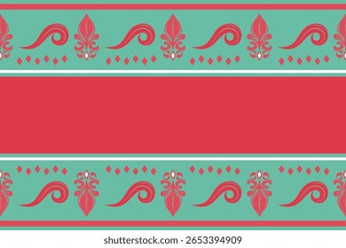 Padrão de borda horizontal sem emenda em tom de casa da moeda vermelho e verde. Gráfico de motivo de luxo Adequado para guarnições de tecido, enfeites de roupas, papel de parede, embalagem do produto, artesanato tradicional, cachecol, tapete