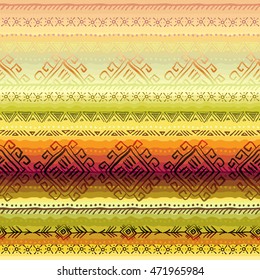 Horizontal seamless border pattern with tribal stripe ornament in light background. Geometric ethnic colorful design. Vector illustration stock vector.