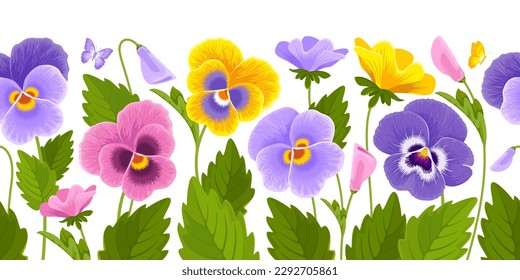 Horizontal seamless border with pattern of yellow, purple and pink pansy flowers, leaves and buds isolated on a white background. Cute floral botanical decoration. Vector illustration
