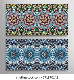 Horizontal seamless border patterns set, repeating texture for Wedding, Valentine's day cards or invitations, banners, fabric, paper print. Tribal ethnic mandala ornament, floral geometric background.