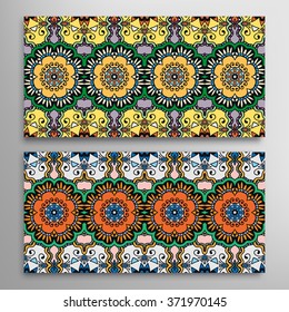 Horizontal seamless border patterns set, repeating texture for Wedding, Valentine's day cards or invitations, banners, fabric, paper print. Tribal ethnic mandala ornament, floral geometric background.