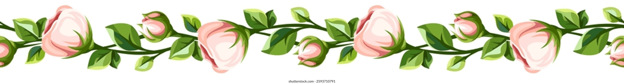 Horizontal seamless border with pink flowers and green leaves. Vector seamless garland. Hand-drawn illustration, not AI