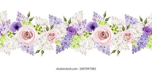 Horizontal seamless border with pink, purple, and white roses, lisianthus flowers, and lilac flowers. Vector. Hand-drawn illustration, not AI