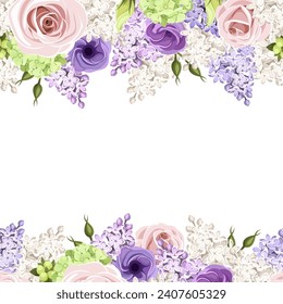 Frontera horizontal sin costuras con rosas rosas rosas rosas rosas rosas, moradas y blancas, flores de lisianthus y flores de lila. Ilustración de mano, no IA