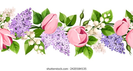 Horizontal seamless border with pink tulip flowers, purple lilac flowers, lily of the valley flowers, and green leaves. Vector floral garland. Hand-drawn illustration, not AI svg