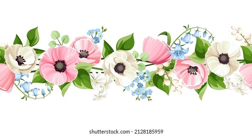 Frontera horizontal sin fisuras con flores de amapola rosa y blanca, flores azules y olvídese de las flores y flores de lirio blanco del valle. Ilustración del vector