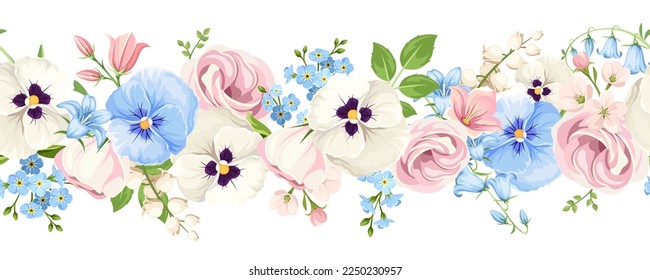 Horizontal seamless border with pink, white, and blue lisianthus flowers, pansy flowers, bluebells, and forget-me-not flowers. Vector floral garland