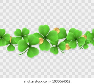 Horizontal seamless border of realistic clovers with golden coins. Vector background for design of holiday banners, promotional flyers for St. Patrick’s day. Isolation from the transparent background.
