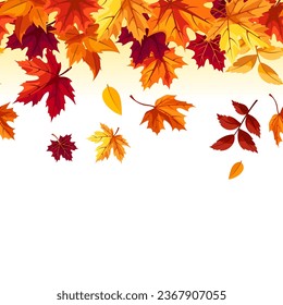 Horizontal seamless border with red, orange, brown, and yellow falling autumn leaves. Vector leaf fall frame