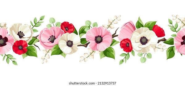 Horizontal Seamless Border With Red, Pink, And White Poppy And Lily Of The Valley Flowers And Green Leaves. Vector Illustration