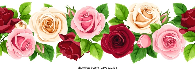 Horizontal seamless border with red, pink, and white roses and green leaves. Vector seamless garland. Hand-drawn illustration, not AI