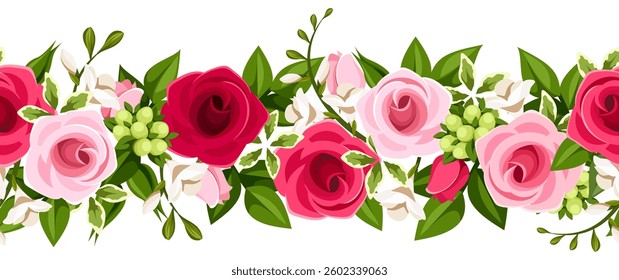 Horizontal seamless border with red and pink roses, freesia flowers, and green leaves. Vector floral seamless garland. Hand-drawn illustration, not AI