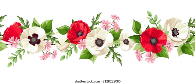 Frontera horizontal sin fisuras con flores de amapola rojas y blancas, flores rosadas pequeñas y hojas verdes. Ilustración del vector