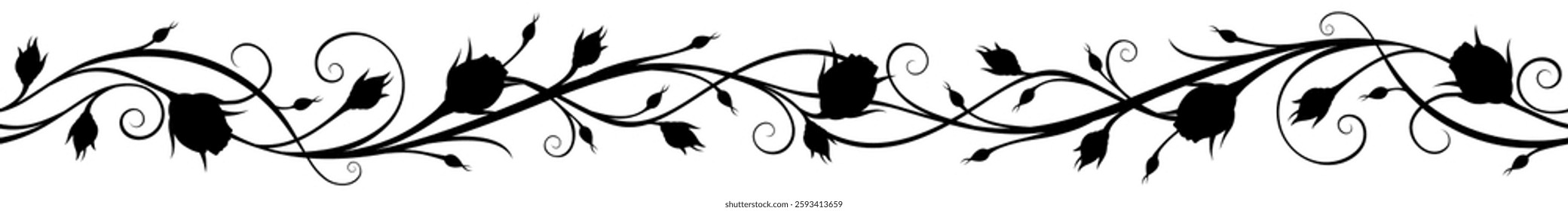 Horizontal seamless border with rosebuds. Floral vignette. Vector black and white illustration. Hand-drawn illustration, not AI