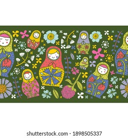 Horizontal seamless border with russian motiv. Matryoshka and flowers. Cute babushka.