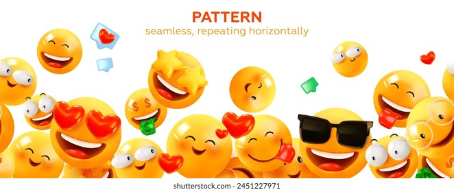 Horizontal seamless border with smiles, emoji. Seamless pattern. Vector illustration