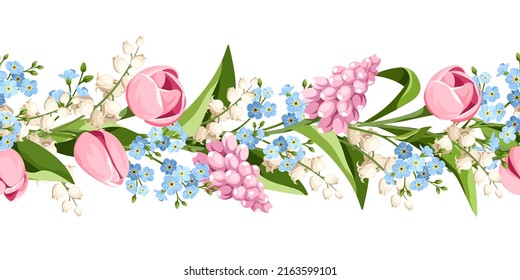 Horizontal seamless border with spring pink, blue, and white tulips, hyacinth flowers, forget-me-not flowers, and lily of the valley flowers. Vector floral garland