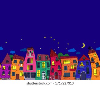 Horizontal seamless border. Starry night, street with bright decorative houses. For postcards, prints, Wallpapers, and other design elements.