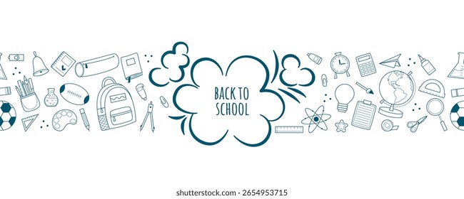 Frontera Horizontal sin fisuras con papelería y útiles escolares. Concepto de regreso a la escuela. Estilo simple del bosquejo del doodle de los iconos dibujados a mano de la escuela, gráficos del Vector