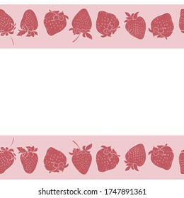 Horizontal seamless border with strawberry on white background. Copy space. Hand drawn. Frame for kitchen design, menu, greeting card, label. Vector stock illustration.