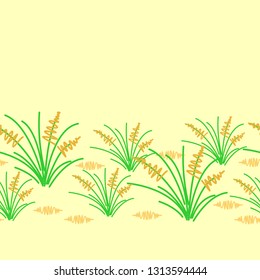 Horizontal seamless border, vector hand drawn element, bunch of grass. Sand beige color of background. 