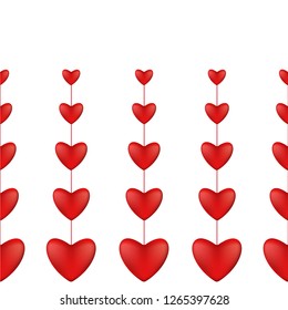 Horizontal seamless border of vertical red hearts.