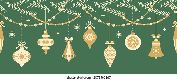 Horizontal seamless border with vintage Christmas ornaments hanging on fir branches decorated with beads, stars and snowflakes. Golden baubles on a green background.