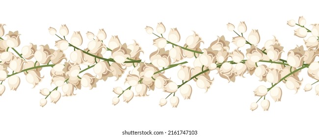 Horizontal seamless border with white lily of the valley flowers. Vector illustration