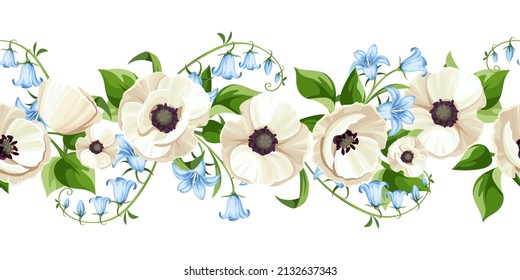Horizontal seamless border with white poppy flowers, blue bluebell flowers, and green leaves. Vector illustration