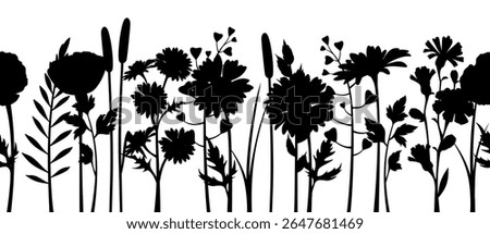 Horizontal seamless border with wild flowers. Black silhouettes of flowers, grasses, and herbs. Floral design element. Hand-drawn illustration, not AI