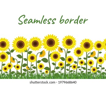 Frontera horizontal sin fisuras con girasoles amarillos y hierba verde sobre un fondo blanco. Ilustración del vector