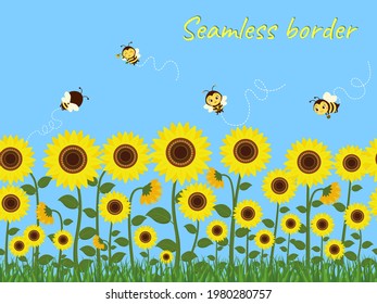 Horizontal seamless border with yellow sunflowers, green grass and bees collecting nectar against the blue sky. Vector illustration