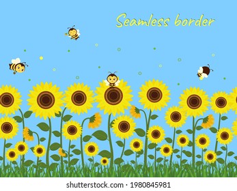 Horizontal seamless border with yellow sunflowers, green grass and bees collecting nectar against the blue sky. Vector illustration