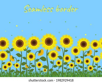 Horizontal seamless border with yellow sunflowers and green grass on a blue sky background. Vector illustration