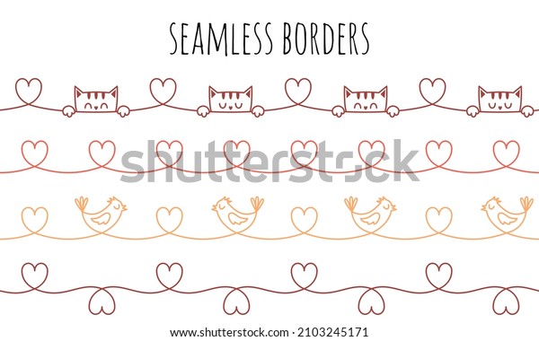 Horizontal seamless
borders with linear cats, birds and hearts. A simple decorative
element for frames. A set of color vector border isolated on a
white background