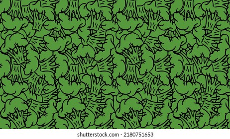 Horizontal seamless broccoli pattern. Doodle vector green broccoli icons. Vintage green broccoli pattern