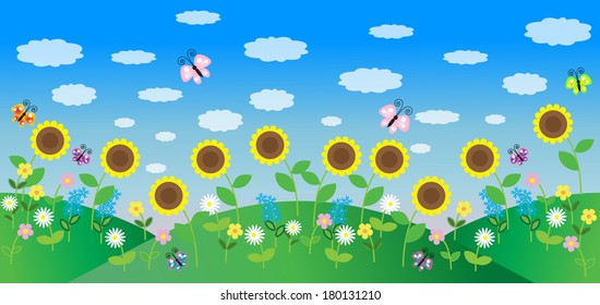 Horizontal seamless cartoon background with flowers, clouds and butterflies for summer or spring design