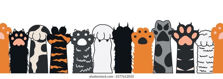 Horizontal seamless cat paws background. Colored cat paws in a row. Vector illustration for design and web.