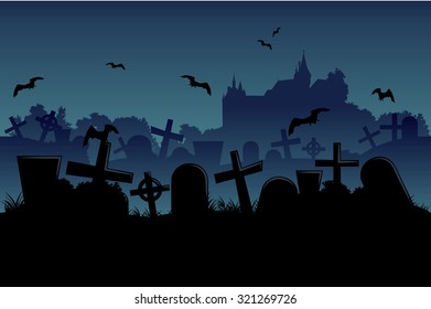 Horizontal seamless cemetery and castle halloween landscape