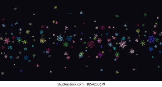 Horizontal seamless Christmas background with various complex big and small snowflakes on black. Modern flat design. Holiday Wallpaper. Winter infinite background. Snowflakes seamless pattern. Vector