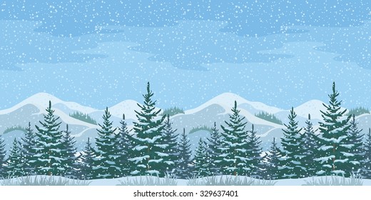 Horizontal Seamless Christmas Winter Mountain Landscape with Firs Trees and Sky with Snow. Vector