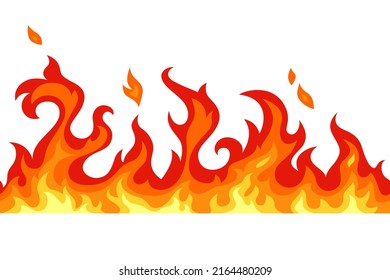 Horizontal seamless colorful flat fire. Red, orange, yellow flame on white background. Isolated fire print.