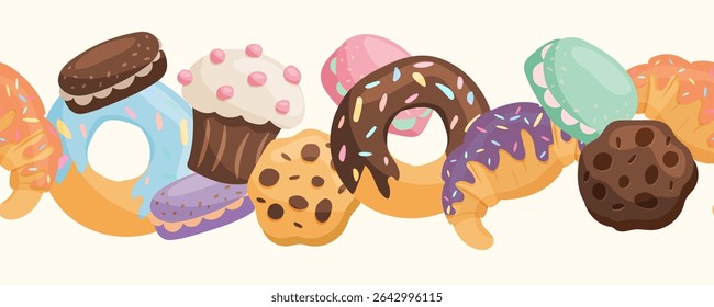 Horizontal seamless dessert border with various sweets