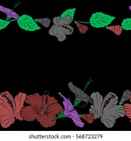 Horizontal seamless exotic pattern with gray, violet and pink tropical flowers. Blooming jungle, hibiscus seamless pattern. Motley vector illustration with copy space (place for your text).