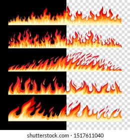 Horizontal seamless fire borders on checkerd and black bacground, vector icons collection