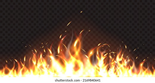 Horizontal seamless fire. Realistic burning background. Orange blazing flame with sparks. Wildfire fiery border. Combustion effect. Flammable and hot. Dangerous ignition